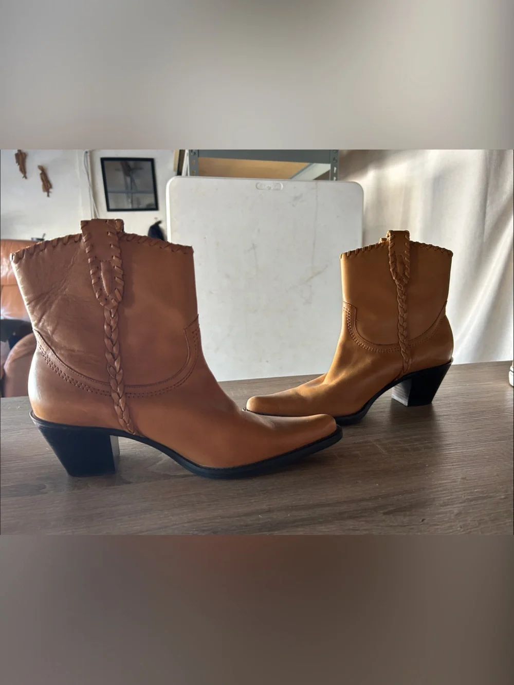 Franco Sarto Tan Leather Braided Western Ankle Boots